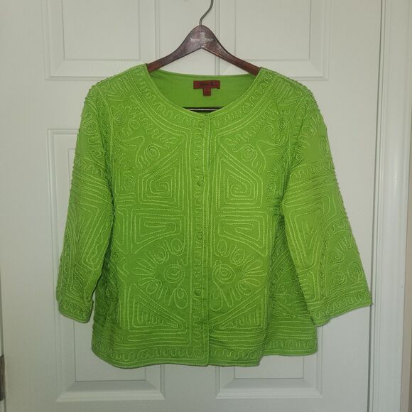 JONI B Geometric Embroidered Trapeze Jacket Blazer LIME GREEN Size L - Picture 1 of 7